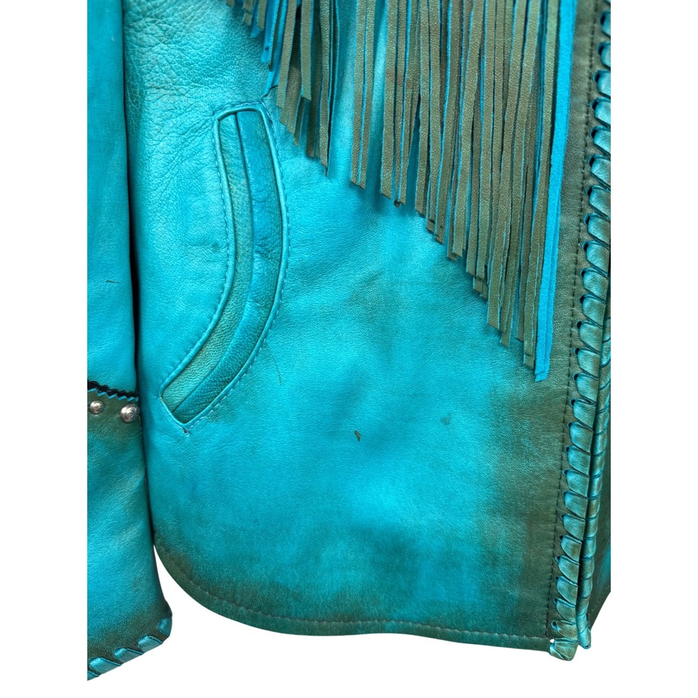Gamino Turquoise Leather Fringe Western Jacket Studded Boho Whipstitch XL - Picture 3 of 12